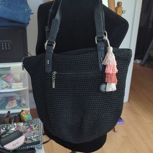 Black Crochet Tote Bag with Tassel